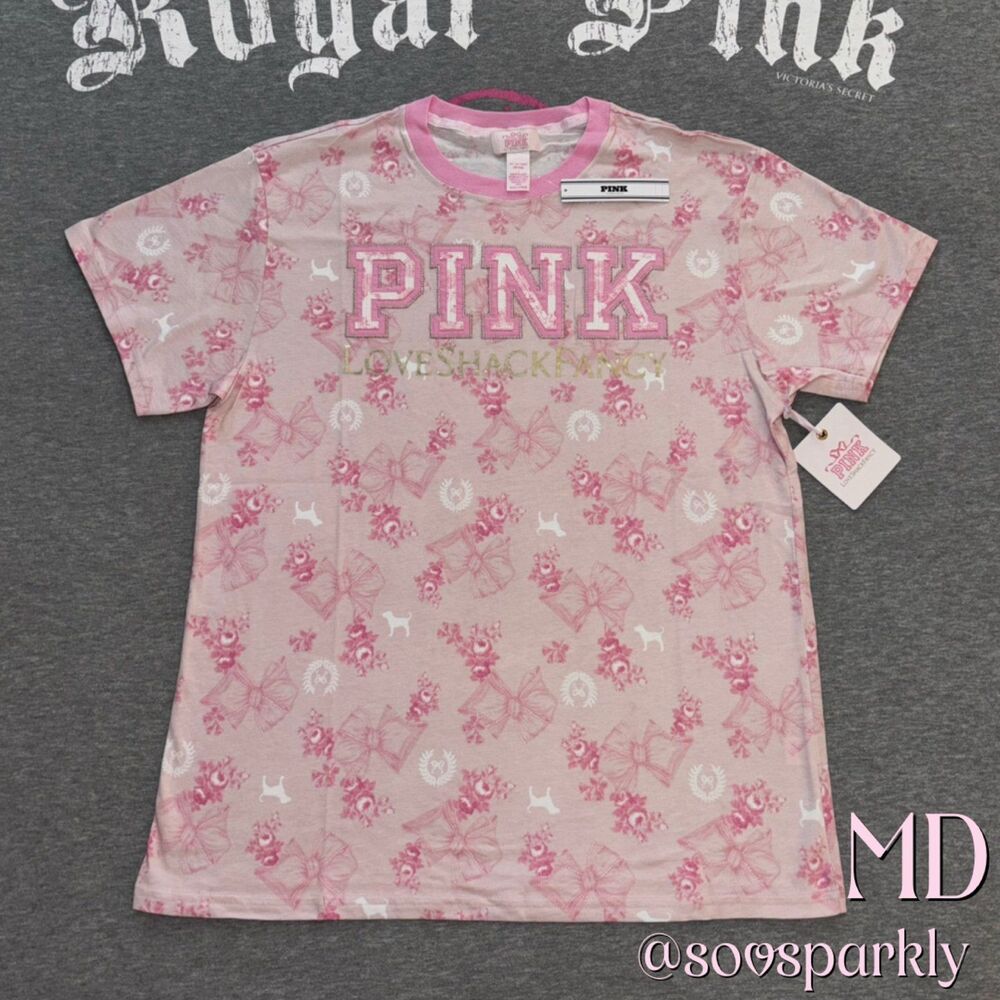 PINK x LoveShackFancy Beaux Icons Floral Bow Short Sleeve Cotton Campus Tee MD